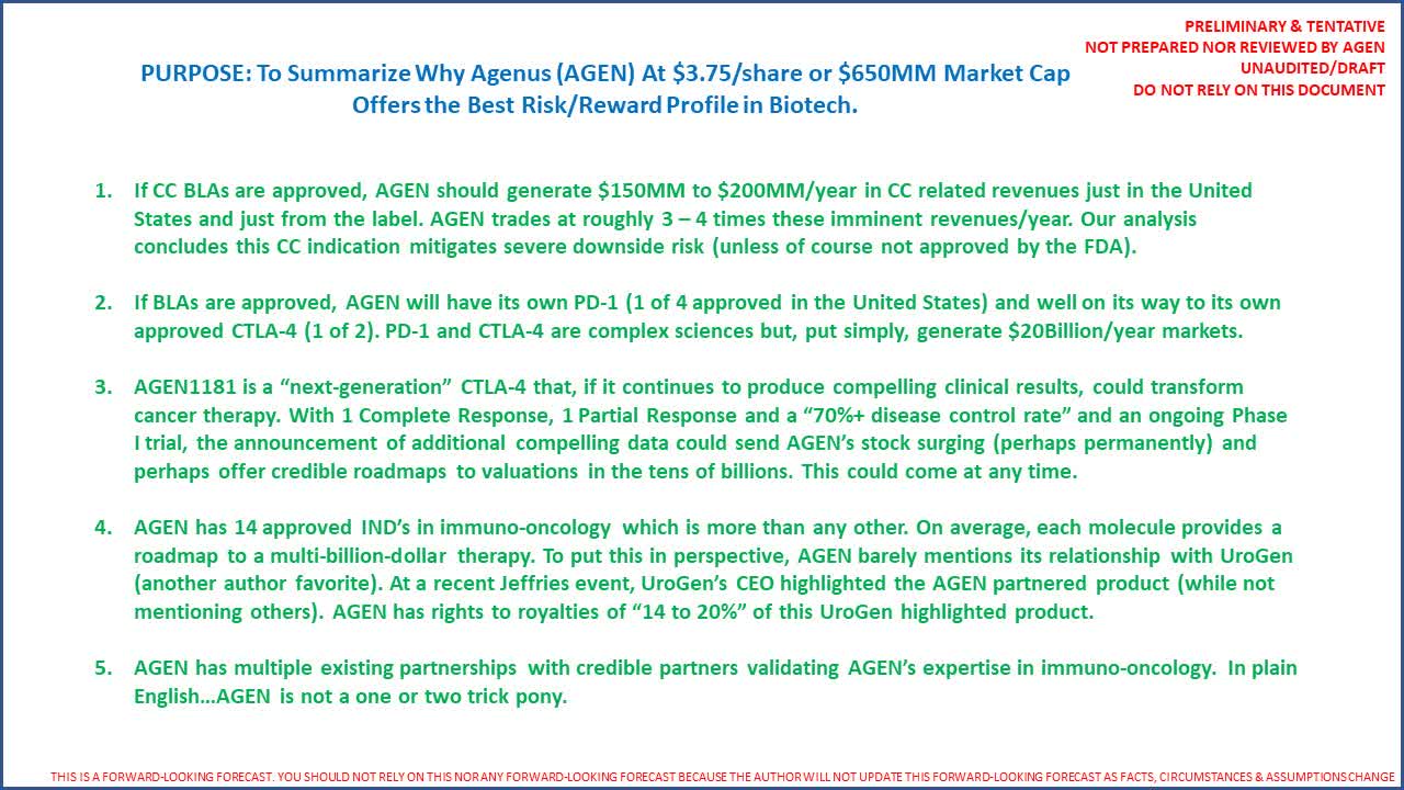 With Multiple Late Stage Cancer Therapies Agenus Inc Offers The Best Risk Reward Profile In Biotechnology Nasdaq Agen Seeking Alpha