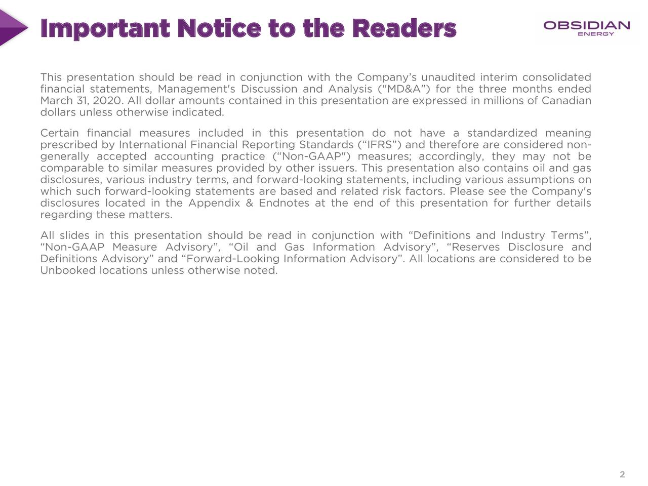 Important Notice to the Readers