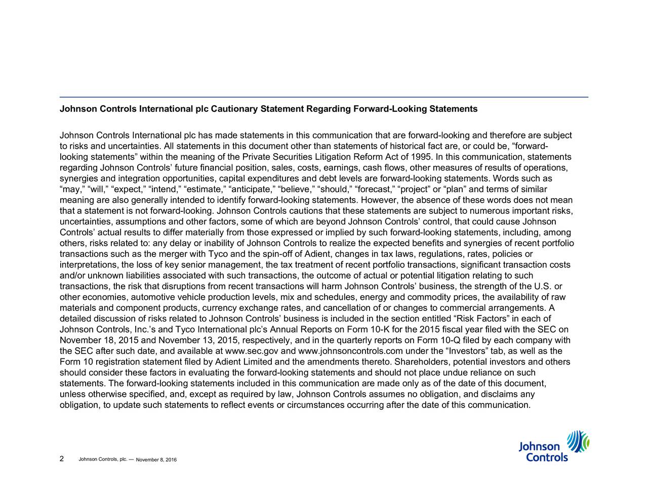 Johnson Controls, Inc. 2016 Q4 Results Earnings Call Slides (NYSE