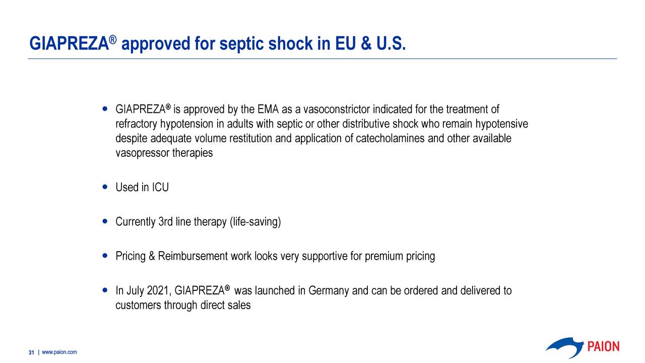 GIAPREZA approved for septic shock in EU & U.S.