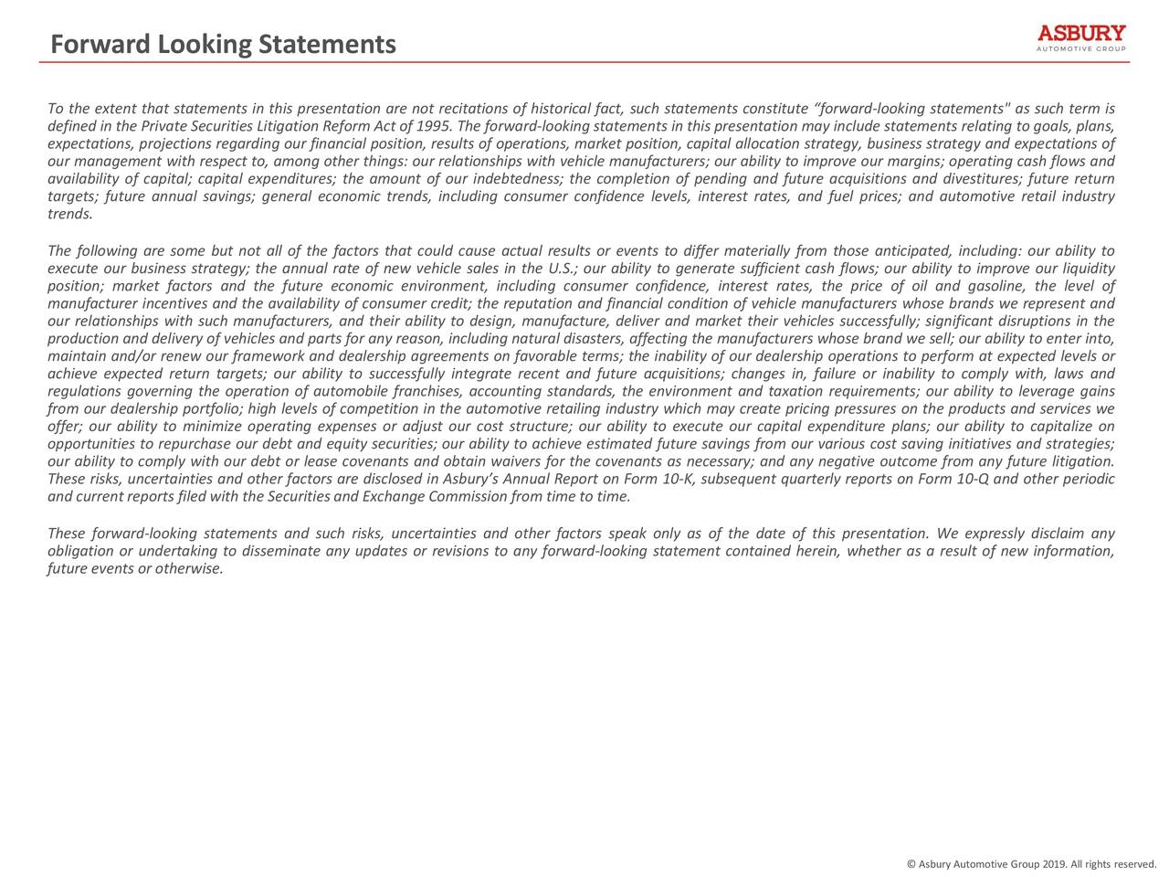 Forward Looking Statements