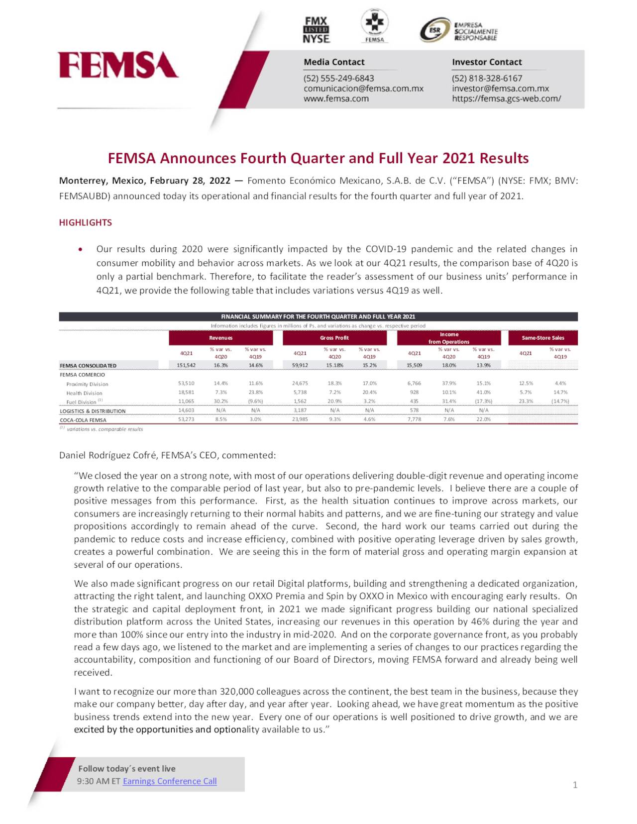 Fomento Económico Mexicano, S.A.B. De C.V. 2021 Q4 - Results - Earnings ...