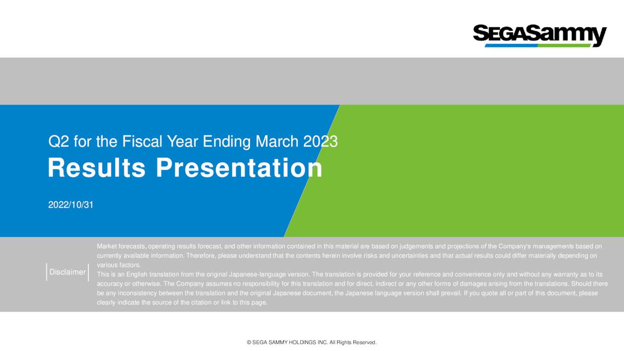 Sega Sammy Holdings Inc. 2023 Q2 Results Earnings Call Presentation