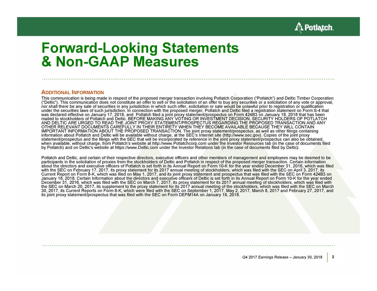 Potlatch Corporation (Holding Company) 2017 Q4 Results Earnings