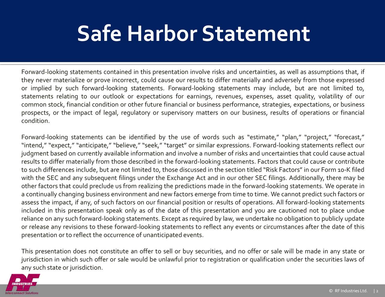 Safe HarborStatement