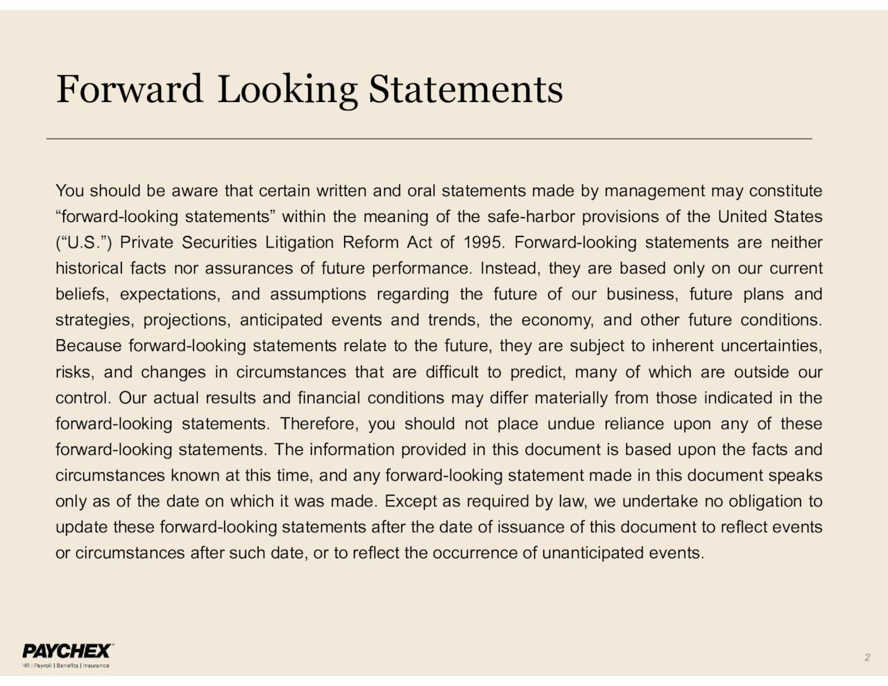 Forward Looking Statements