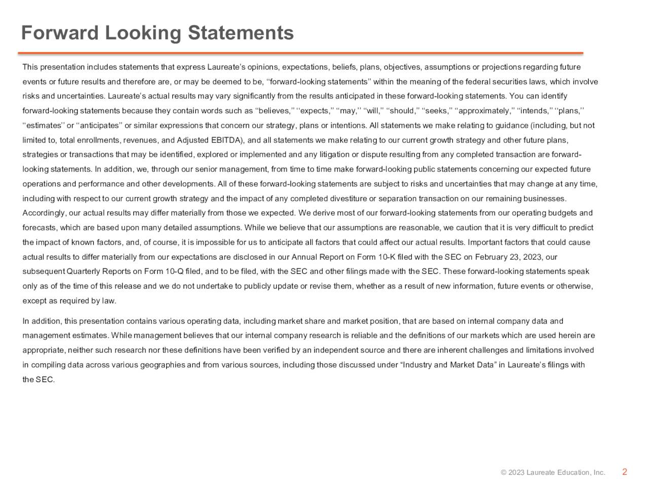 Forward Looking Statements