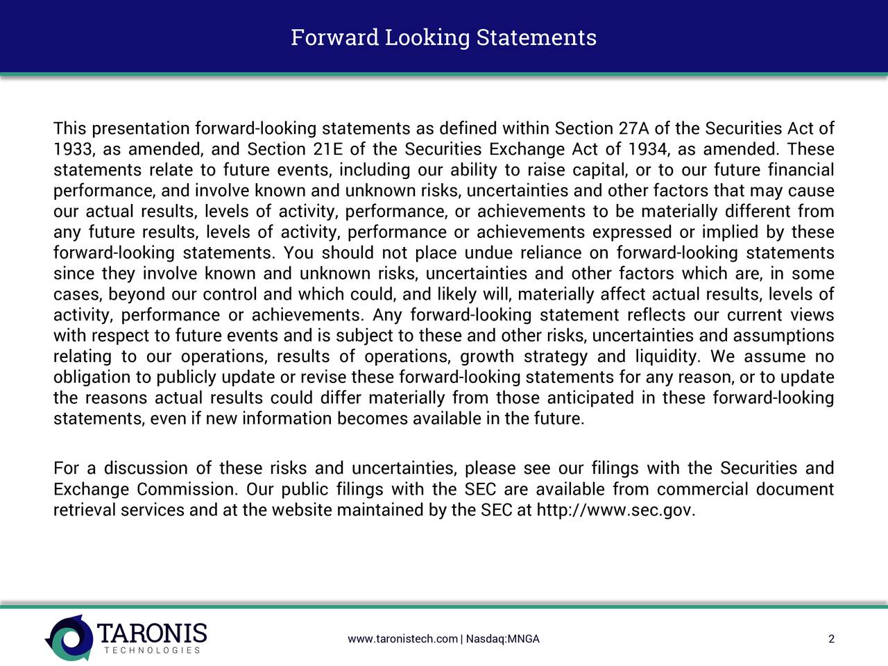Forward Looking Statements
