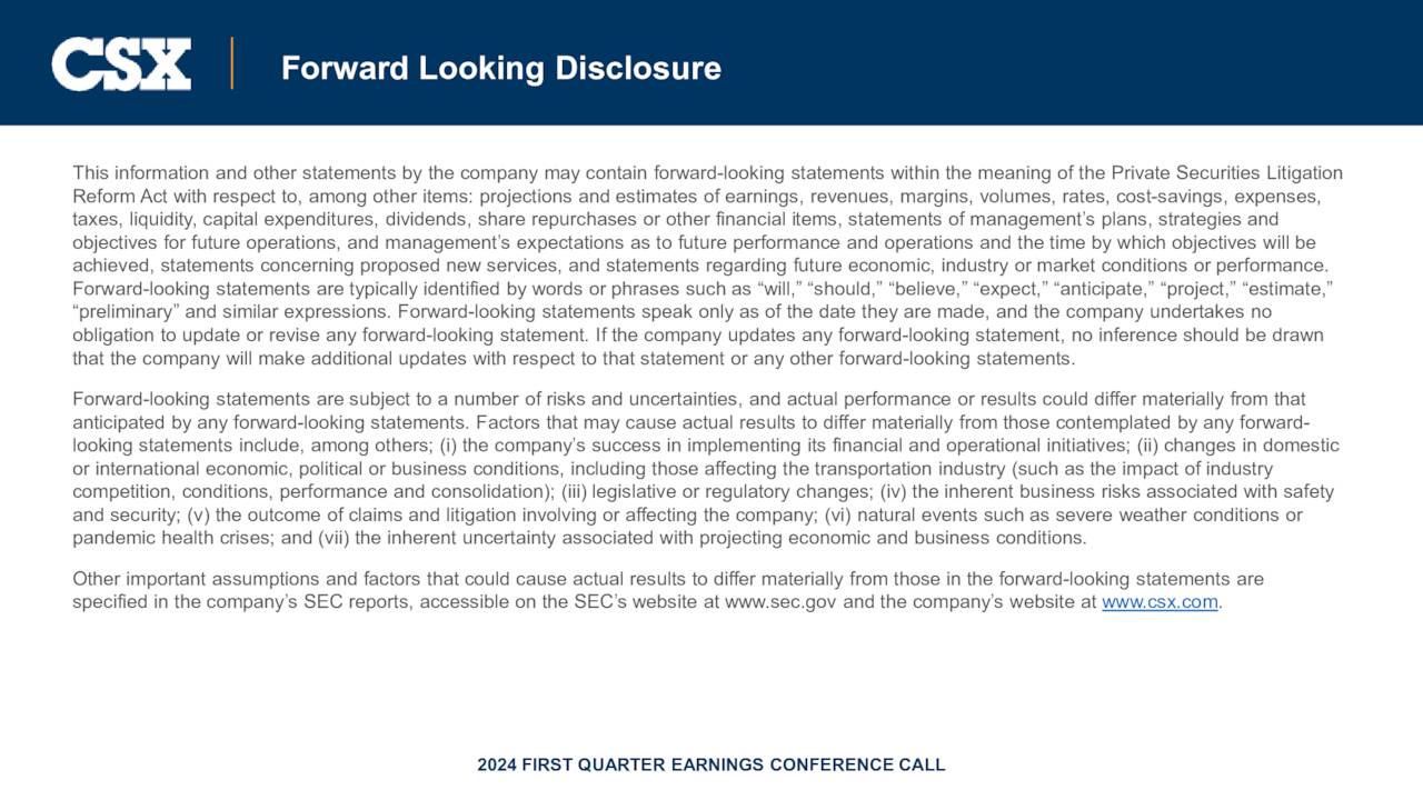 CSX Corporation 2024 Q1 - Results - Earnings Call Presentation (NASDAQ:CSX)