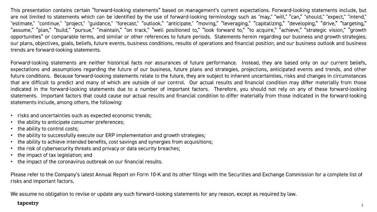 Tapestry, Inc. 2020 Q2 Results Earnings Call Presentation (NYSETPR