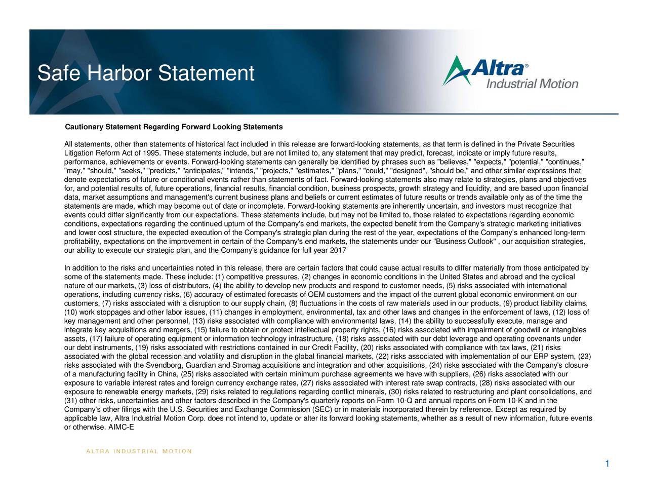 Altra Industrial Motion Corp. 2017 Q3 Results Earnings Call Slides