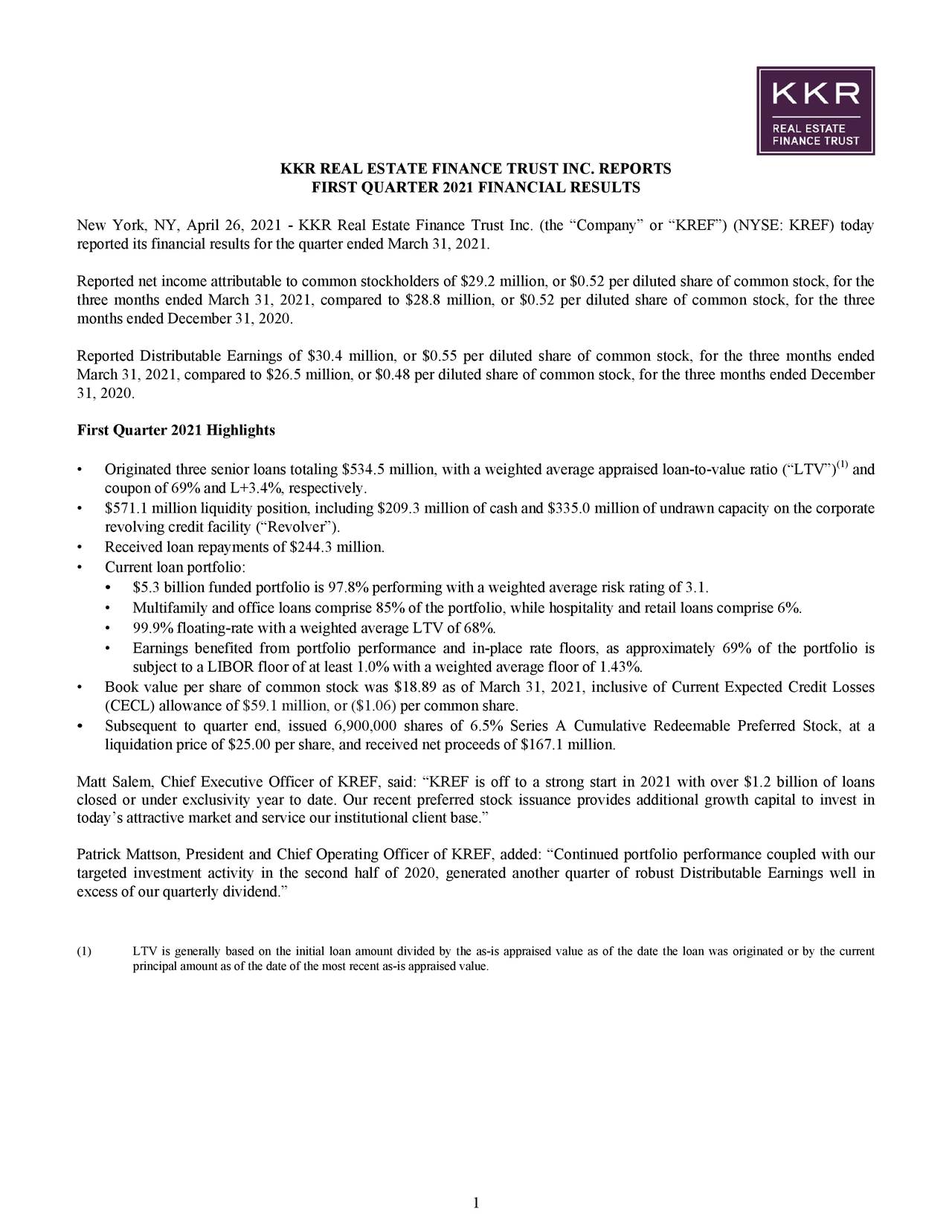 KKR Real Estate Finance Trust Inc. 2021 Q1 Results Earnings Call