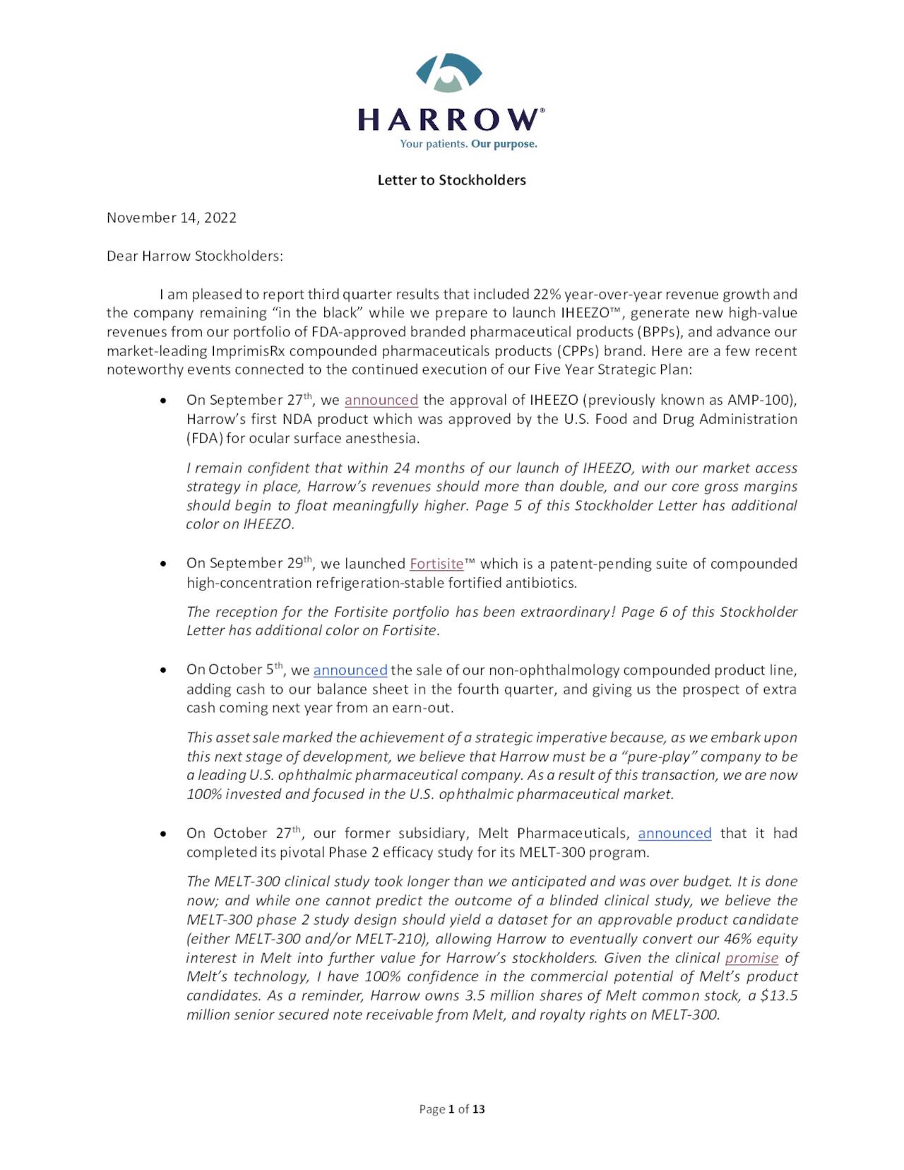 Harrow Health, Inc. 2022 Q3 Results Earnings Call Presentation