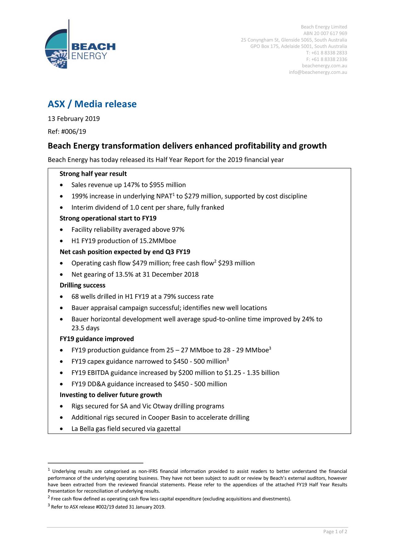 Beach Energy Ltd 2019 Q2 Results Earnings Call Slides