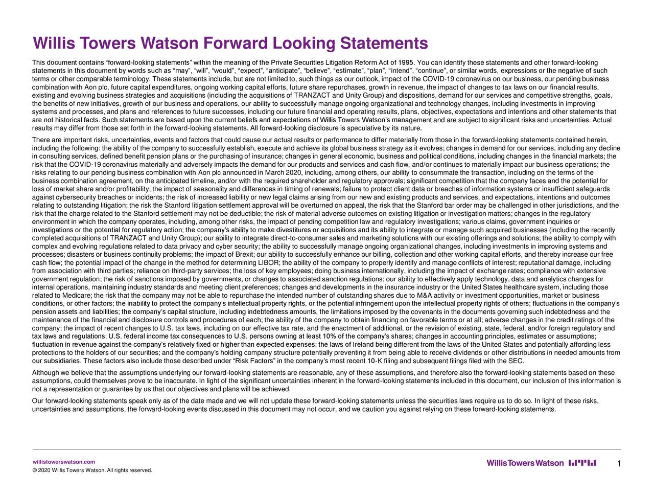 Willis Towers Watson Forward Looking Statements