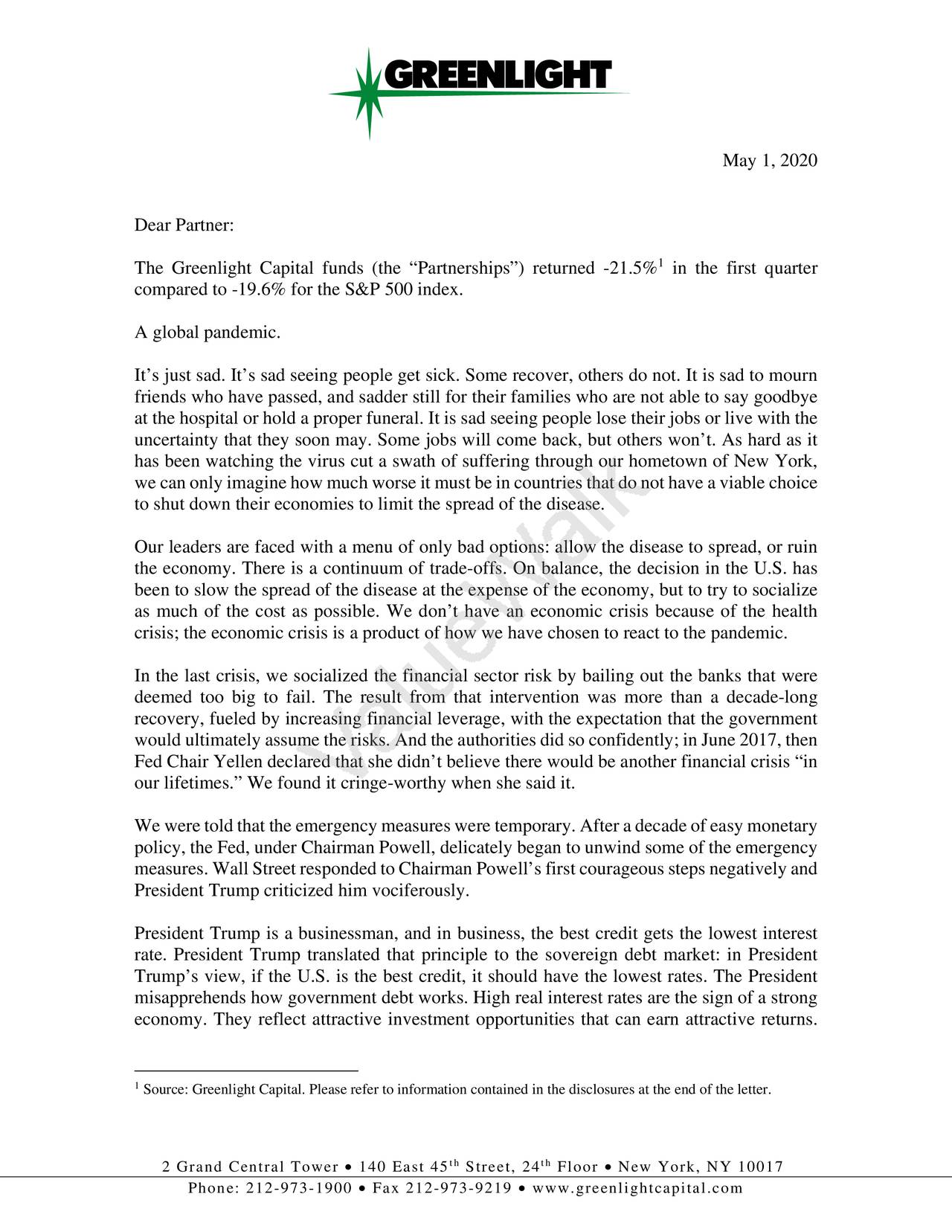 Greenlight Capital Q1 2020 Letter (NASDAQGLRE) Seeking Alpha