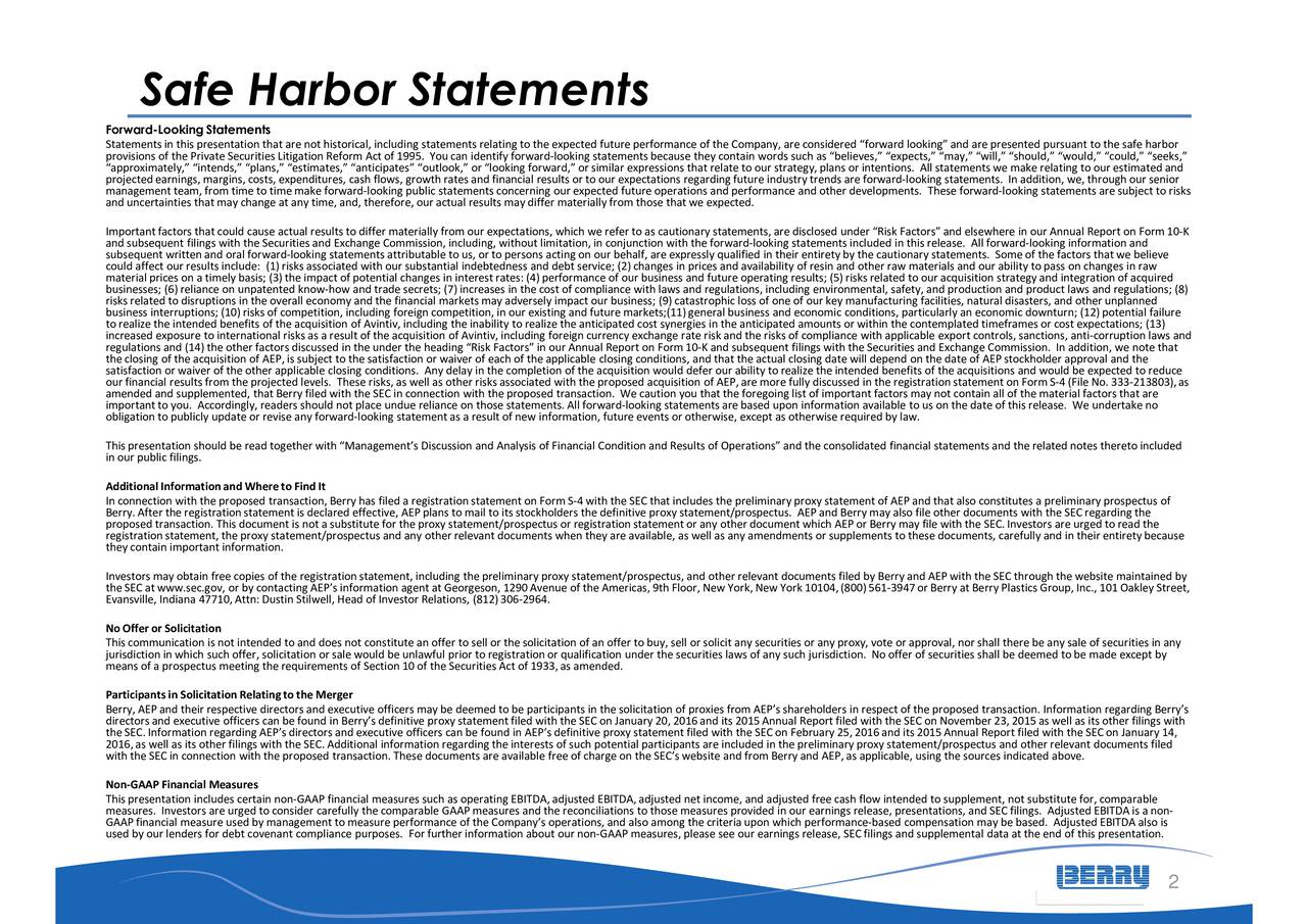 Berry Plastics Group, Inc. 2016 Q4 Results Earnings Call Slides