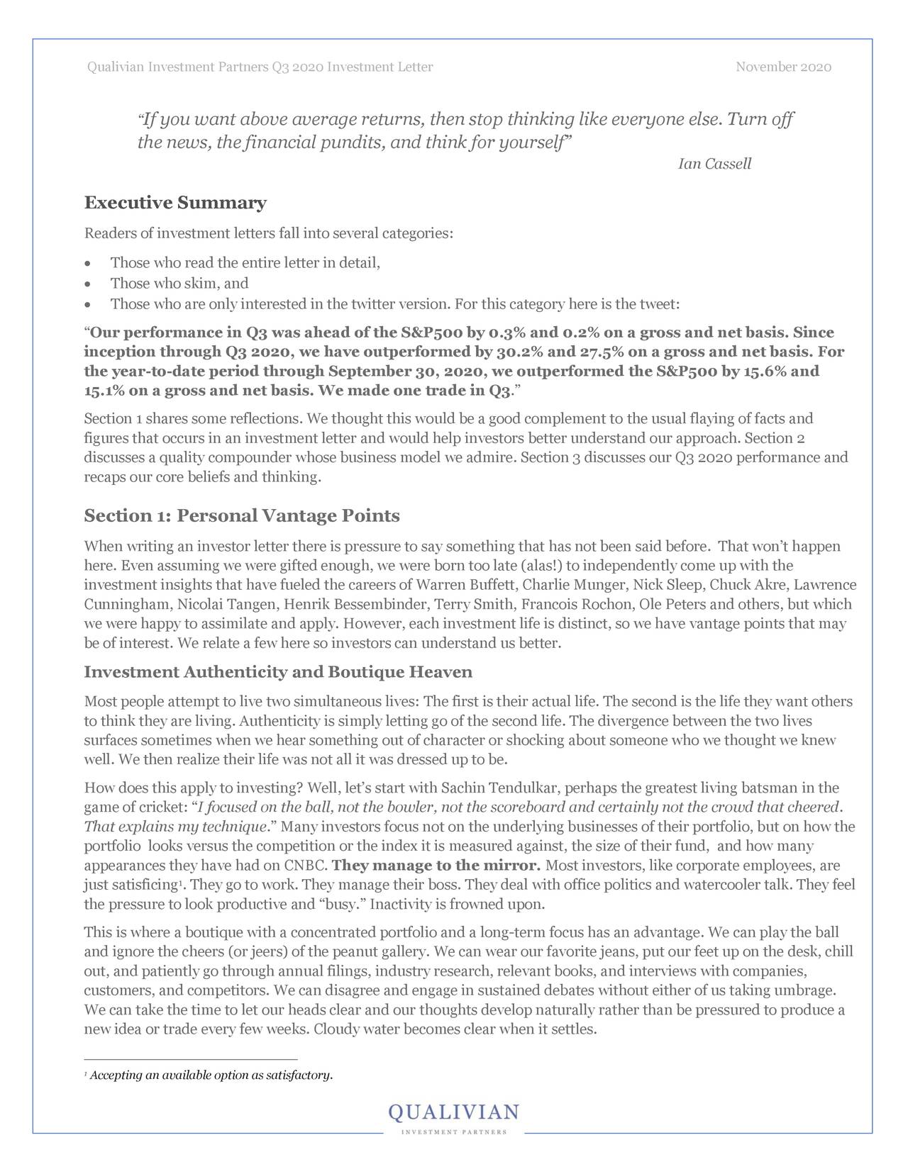 Qualivian Investment Partners Q3 2020 Investment Letter                                             November 2020