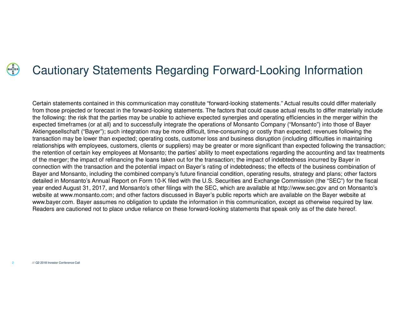 Bayer A.G. 2018 Q2 Results Earnings Call Slides (OTCMKTSBAYZF