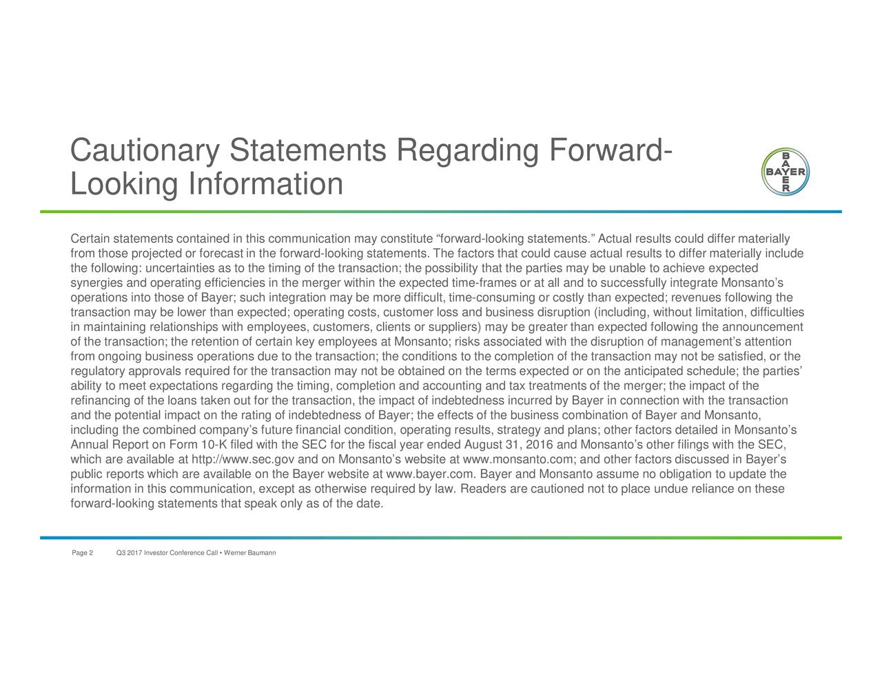 Bayer A.G. 2017 Q3 Results Earnings Call Slides (OTCMKTSBAYZF