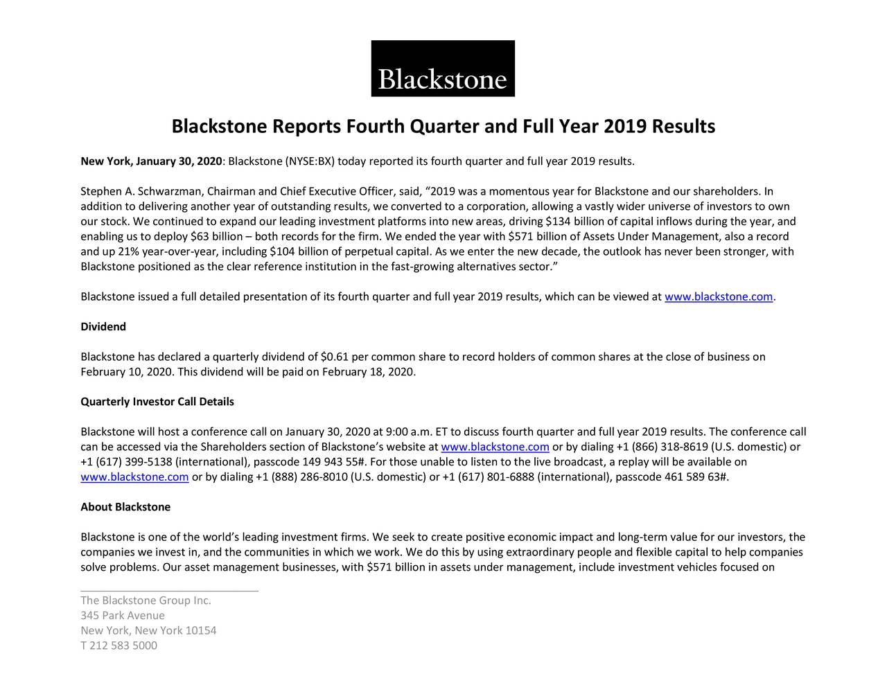The Blackstone Group Inc. 2019 Q4 Results Earnings Call