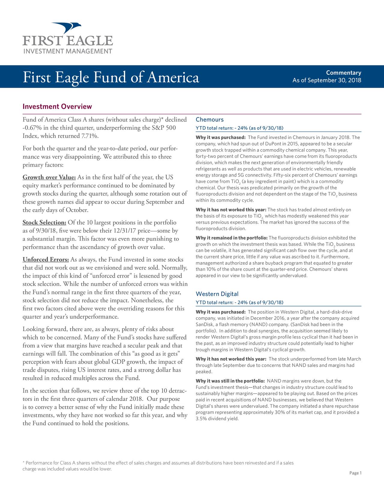 First Eagle Fund Of America Quarterly Commentary Q3 2018 (NYSE:CC ...