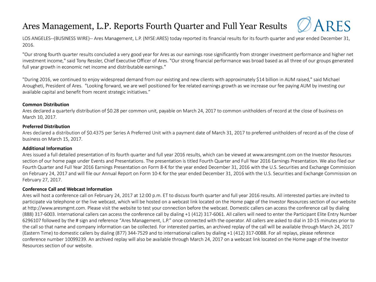 Ares Management, L.P. 2016 Q4 - Results - Earnings Call Slides (NYSE ...