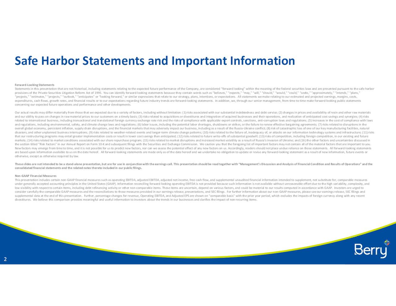 Safe Harbor Statements and Important Information