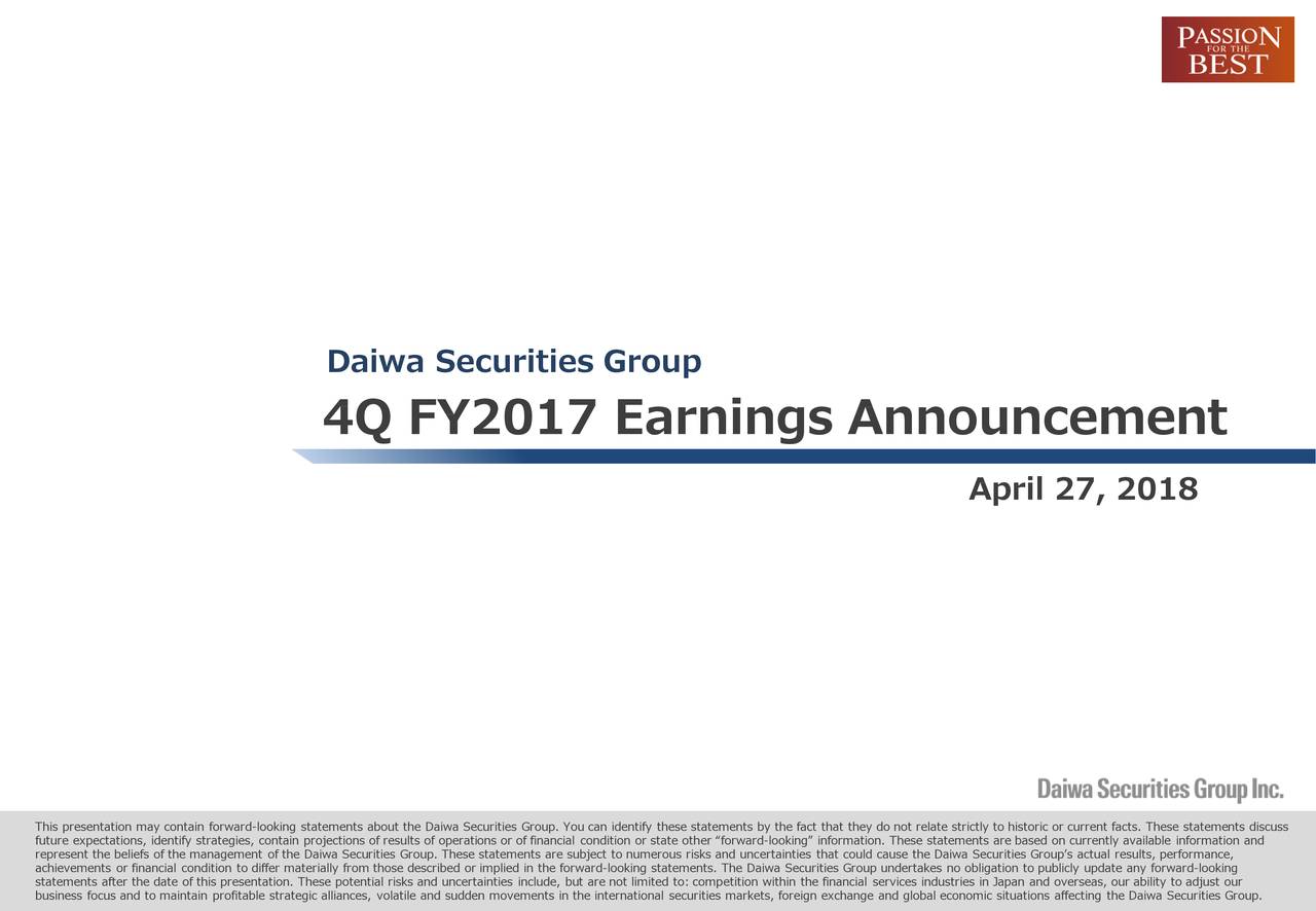Daiwa Securities Group, Inc. ADR 2017 Q4 - Results - Earnings Call Slides  (OTCMKTS:DSEEY)