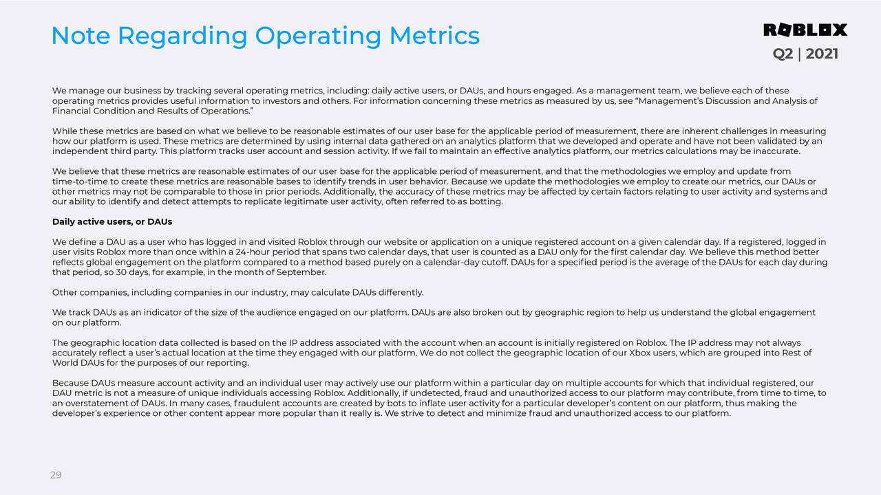 Note Regarding Operating Metrics