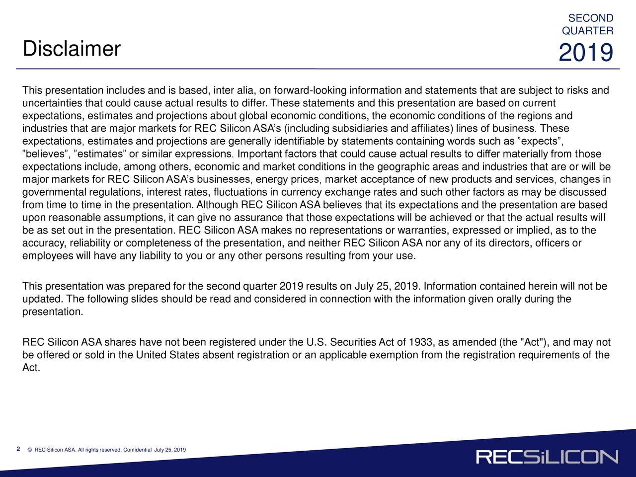 REC Silicon ASA 2019 Q2 - Results - Earnings Call Slides (OTCMKTS:RNWEF ...